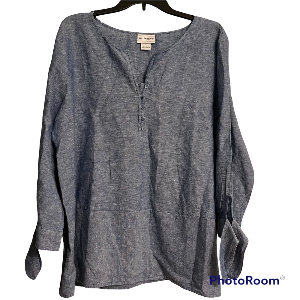 Chambray popover button front tie sleeve tunic XL